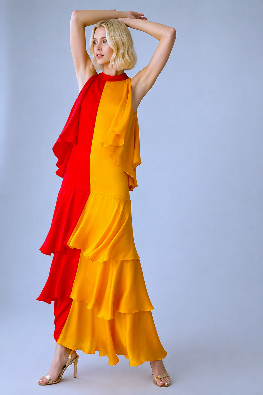 New Anthropologie Pinnacle Shruti Sancheti Mock-Neck Colorblock Ruffle Dress L